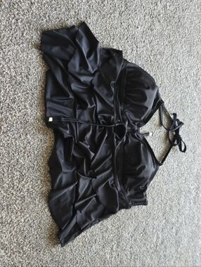 Black Halter Swim Top With Curtain Layering